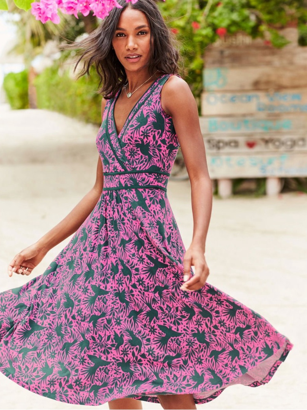 NWT Boden Pink and Green Lorna Jersey Dress Tropical Wrap Suplice Dress Size 8